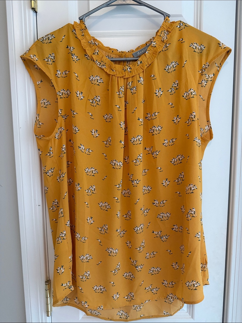 Women's Mustard Floral Ruffle Neck Sleeveless Top